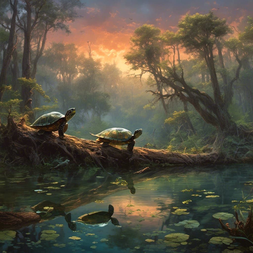 Sunset Spring with Turtles, Digital Matte Painting