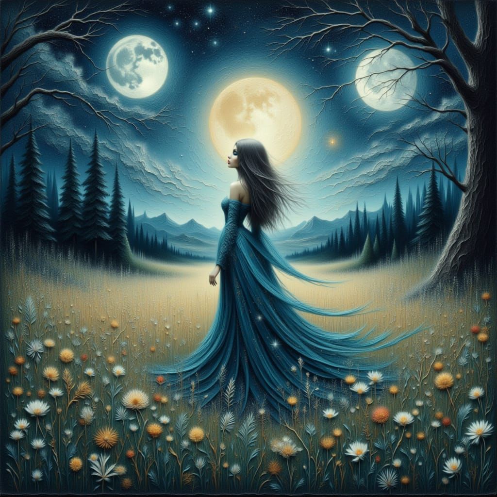 Magical Elf in Twilight Meadow with Two Moons