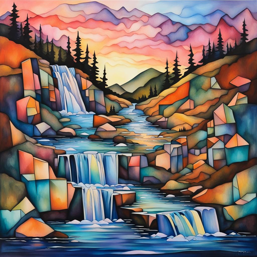 Cubism Waterfall with Pastel Sunset and Alcohol Ink Effect