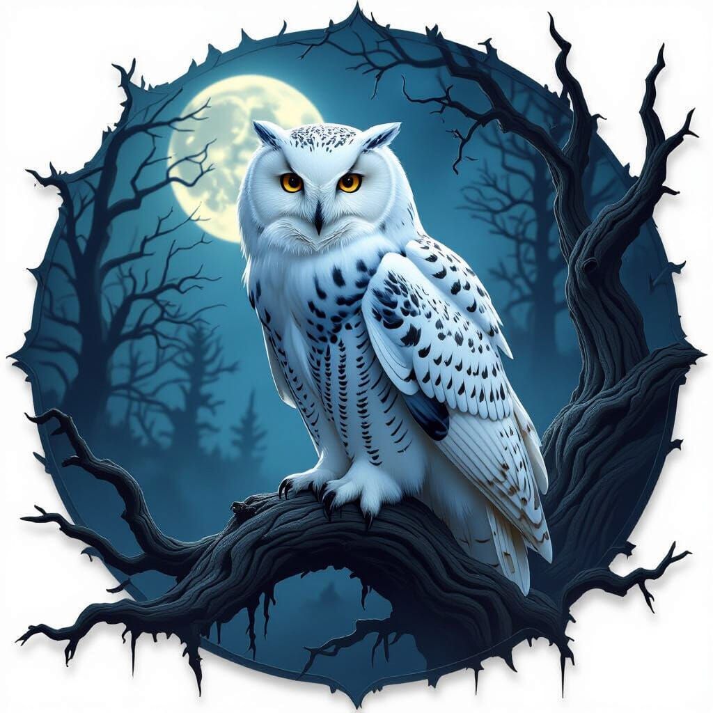 Majestic Snowy Owl in Enchanted Moonlight Forest