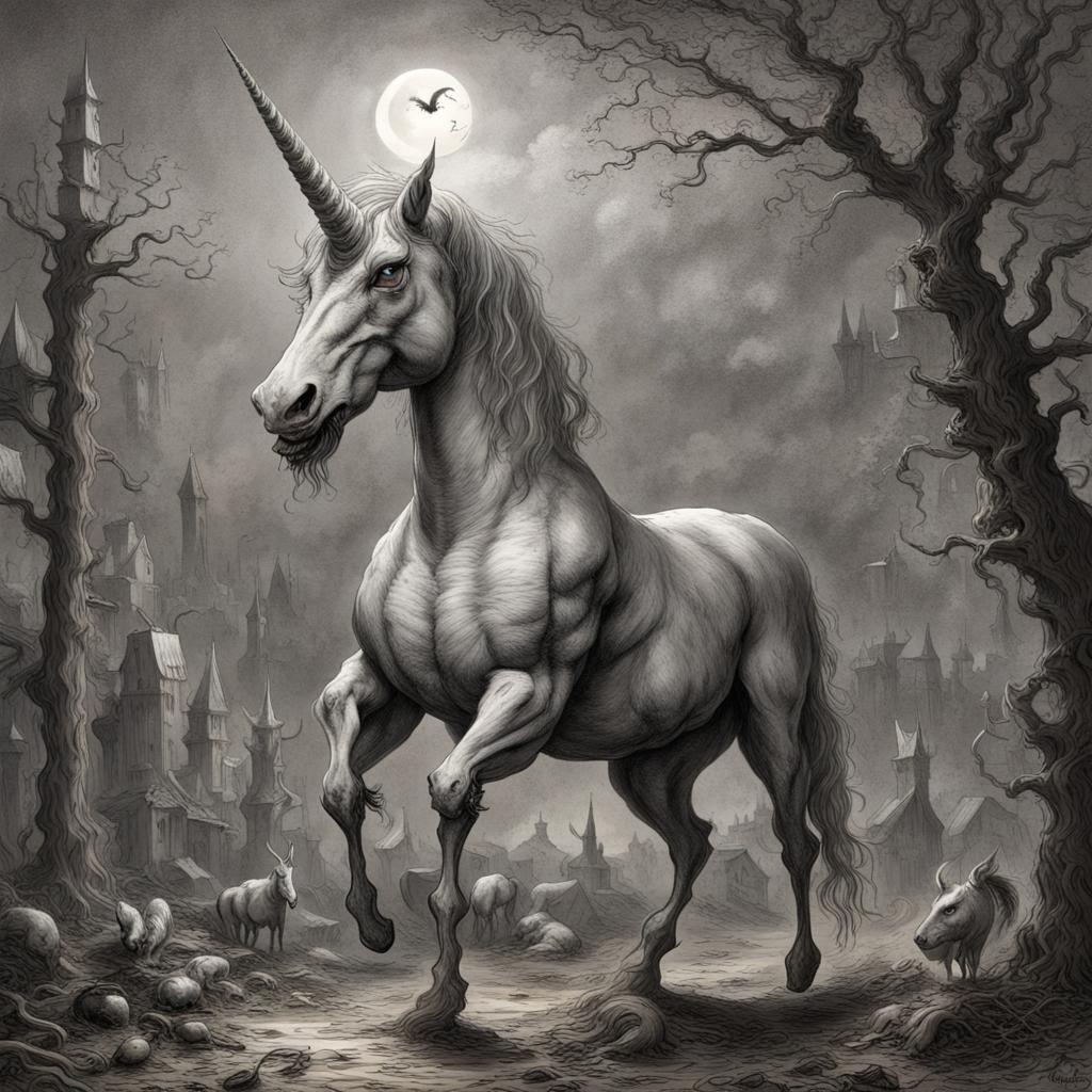 Scary Unicorn with Magic Beans in Horror Style