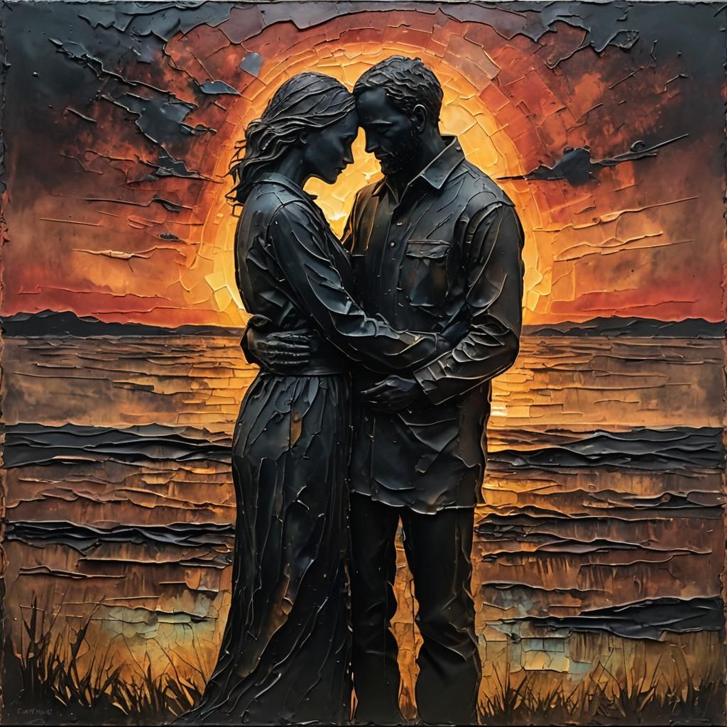 Encaustic Painting of Couple Embracing at Sunset