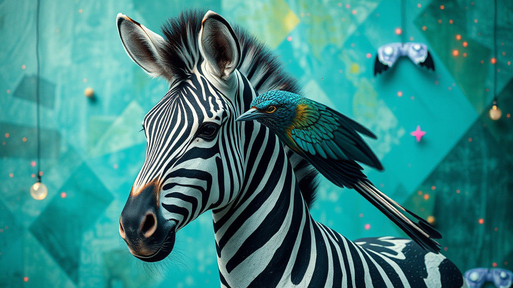 Dreamlike Zebra Bird in Turquoise: Maximalist Magic