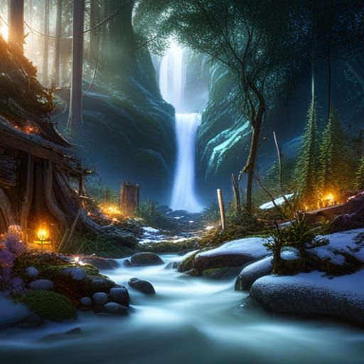 Magical Winter Forest with Waterfall and Lights