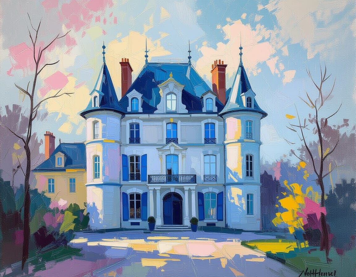 Blue Neoclassical French Castle: Impressionistic Painting