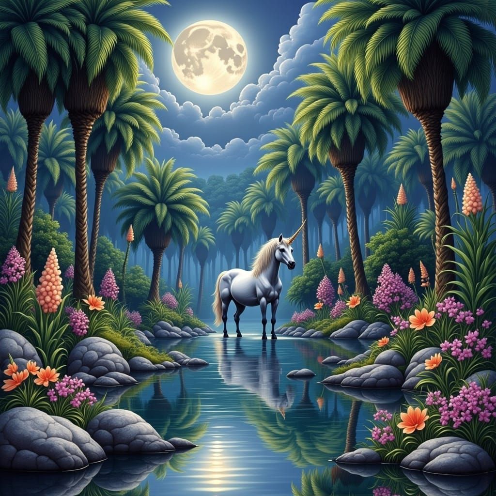 Symmetrical Unicorns in a Dreamlike Landscape