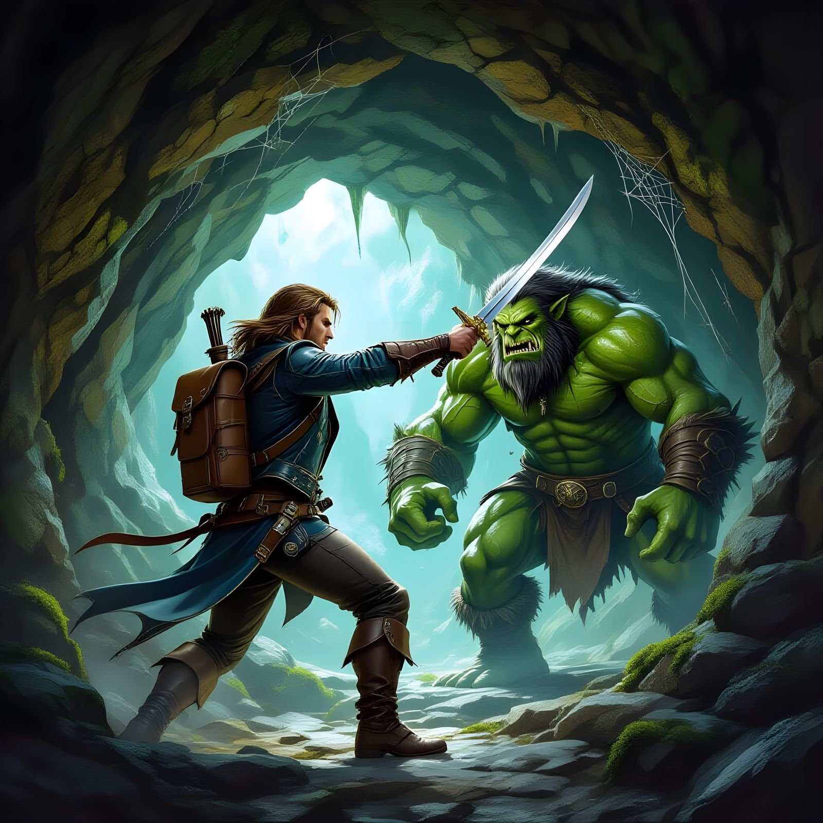 Adventurer Battling Troll in Dark Cave Illustration