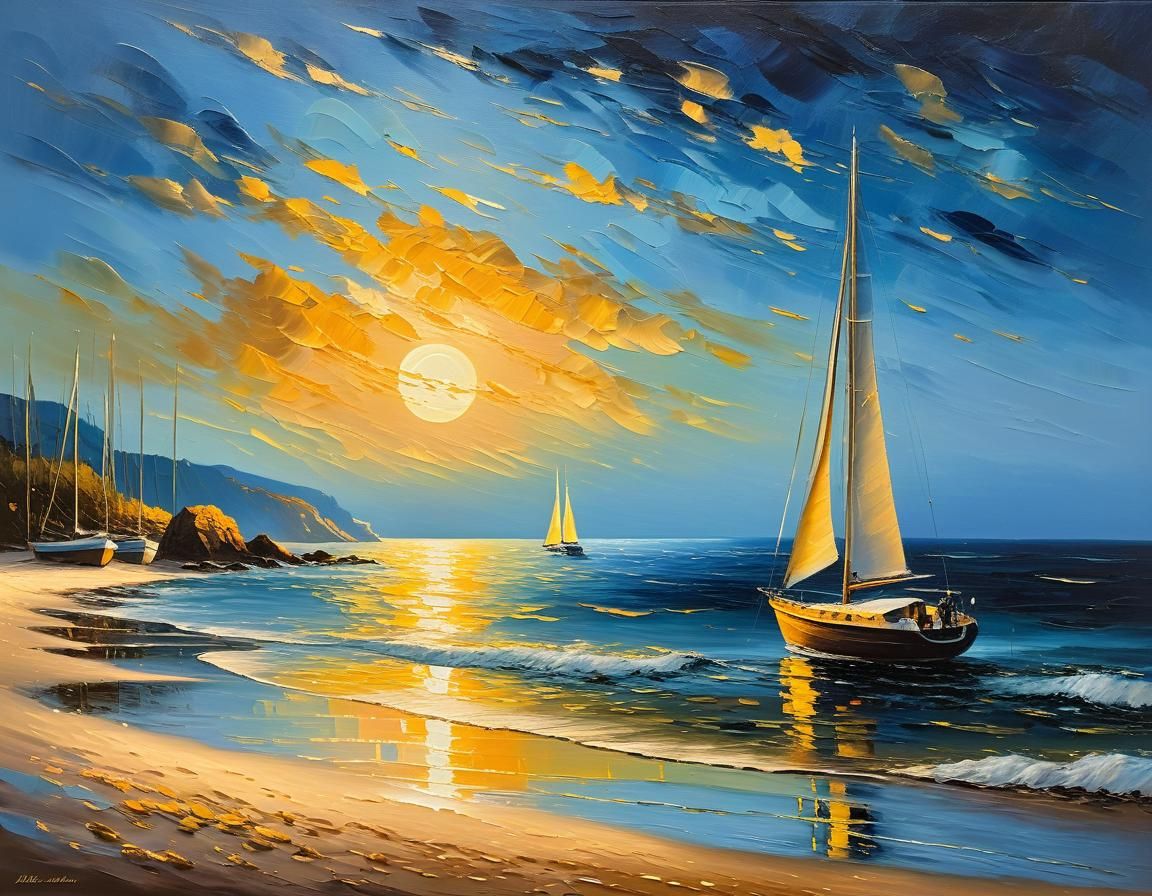 Secluded Beach at Blue Hour: An Impressionistic Oil Painting