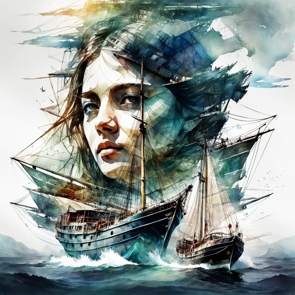 Surreal Watercolor Portrait of a Sailing Ship in Cinematic L...
