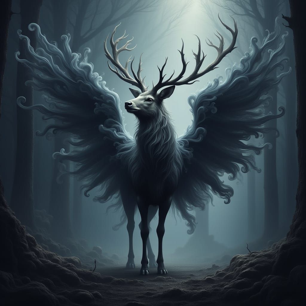 Majestic Smoke-Winged Stag in Dark Fantasy Forest
