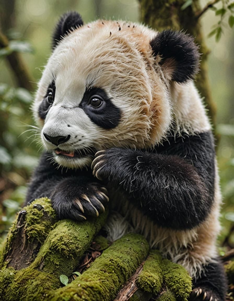 Panda Hugs Finger in Misty Forest: Macro Photography