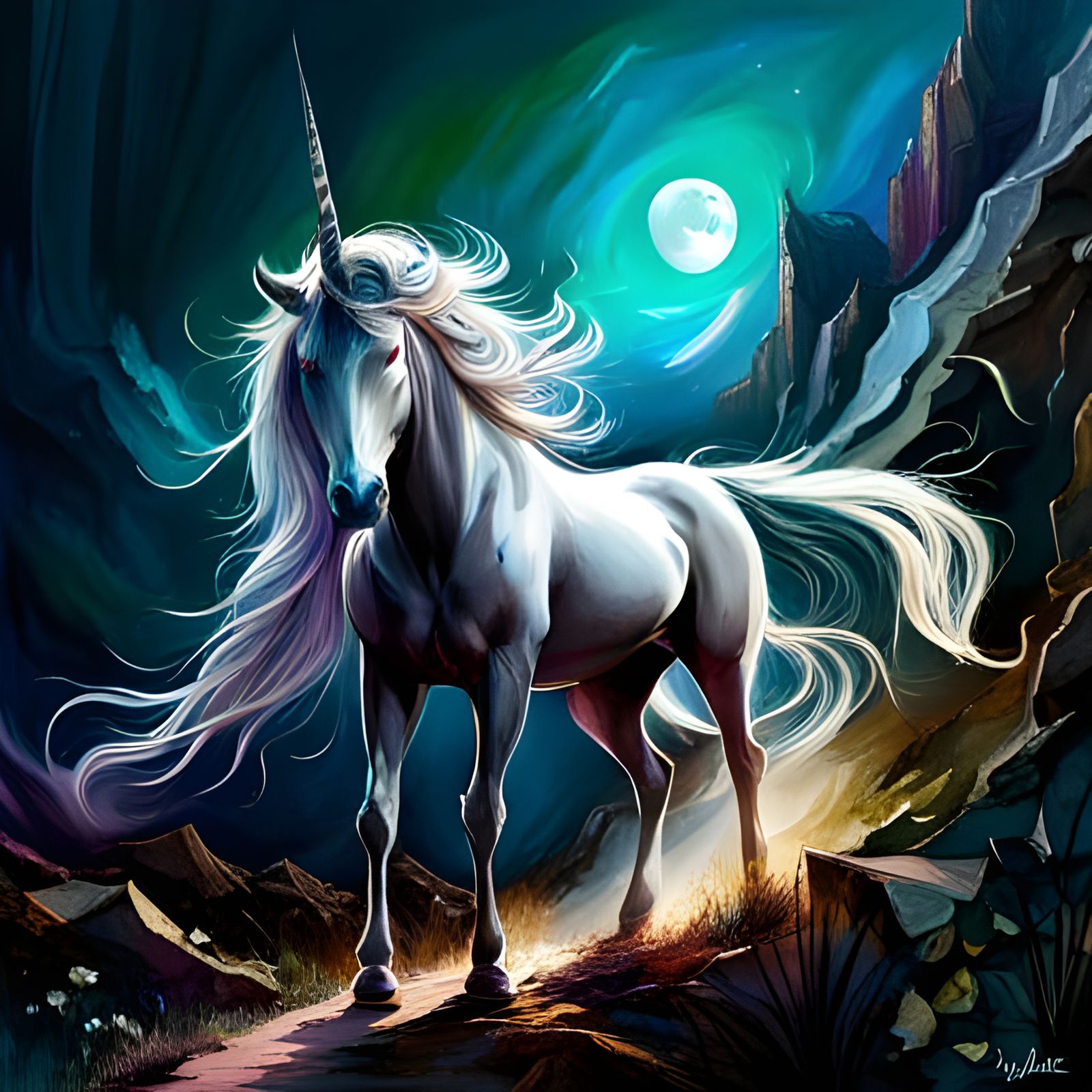 Abstract Unicorn in Moonlight: Digital Art Painting