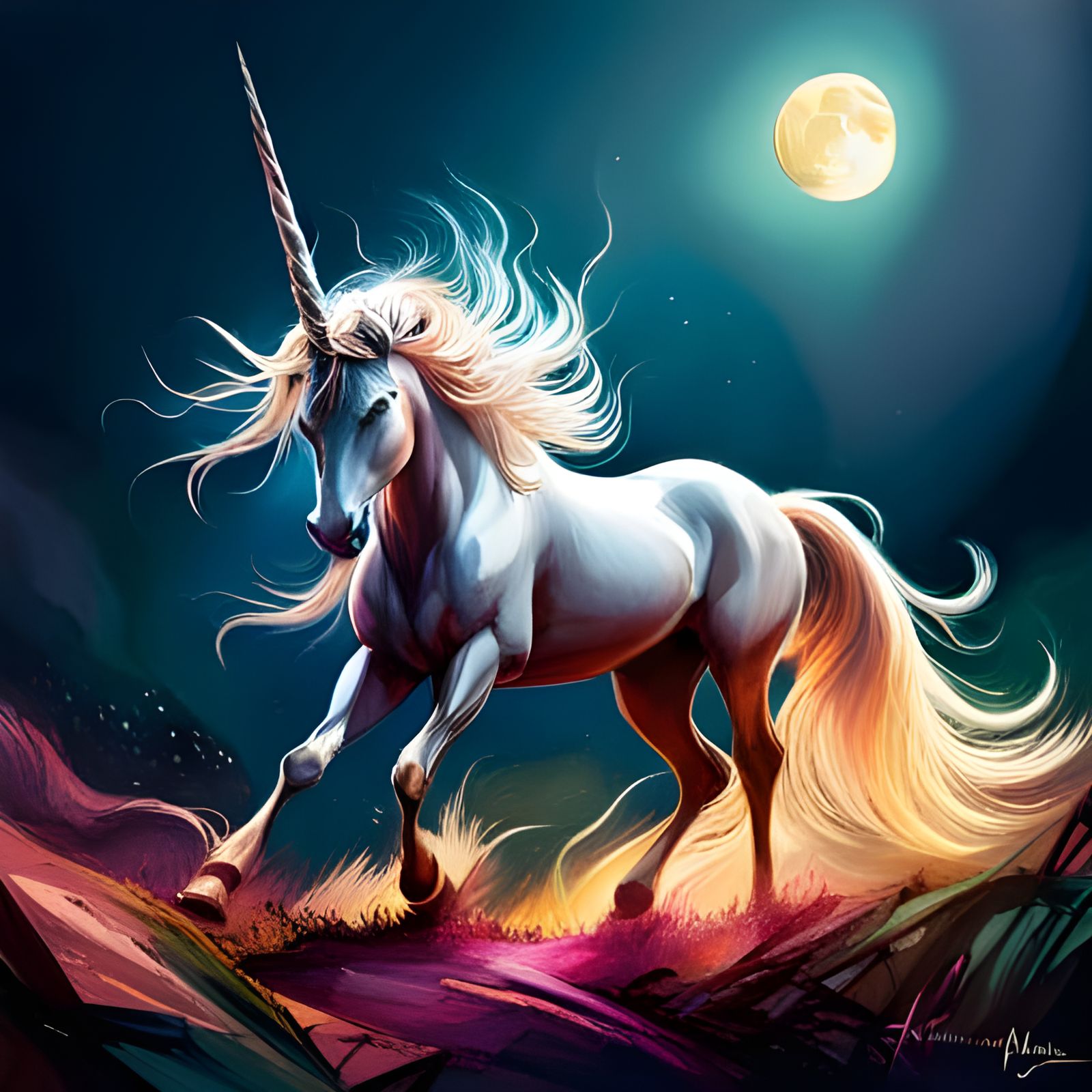 Abstract Unicorn in Moonlight: Digital Painting