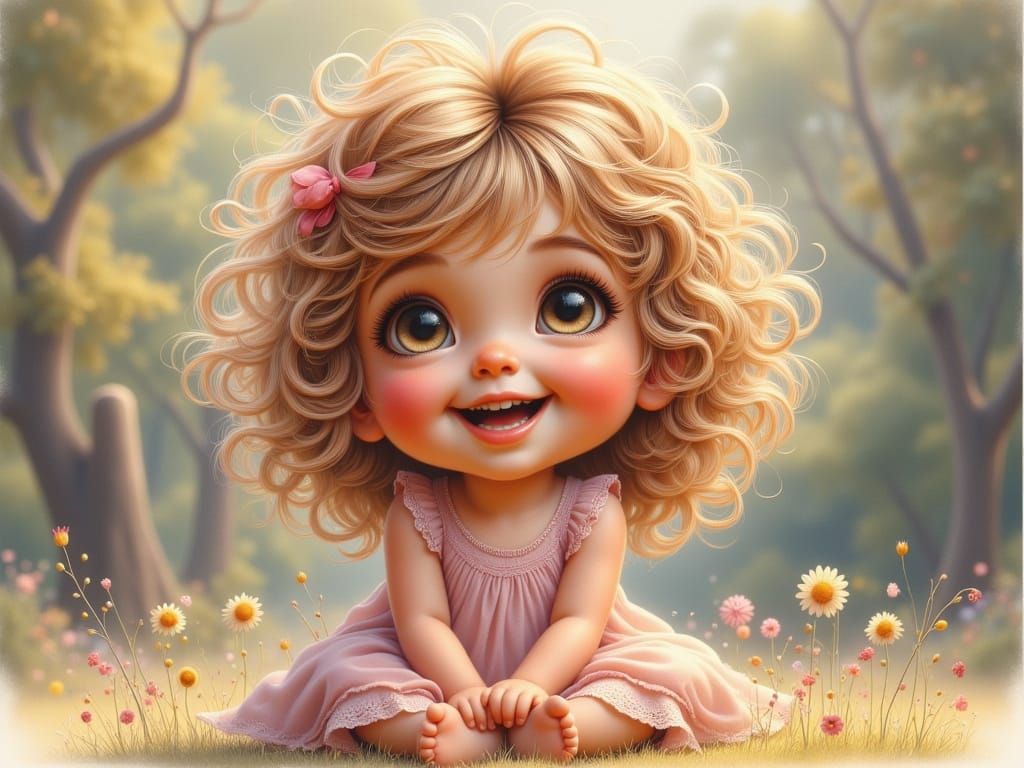 Happy Toddler Girl Giggling in Gouache Style