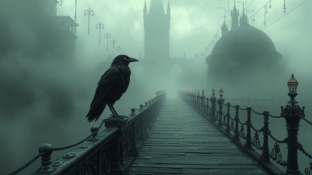 Ghostly Bridge Guardian in Cyberpunk Horror Style