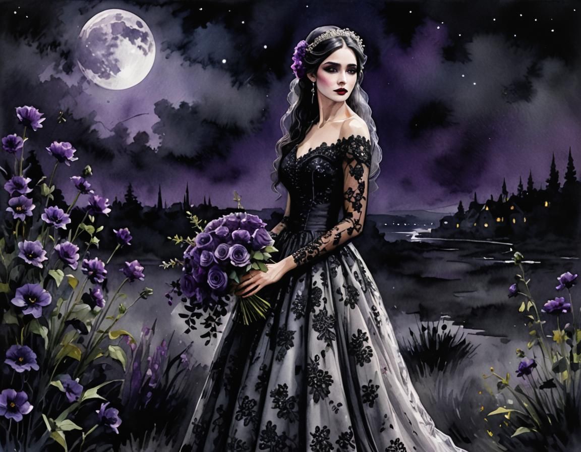 Gothic Bride in Black Lace, Watercolor Art