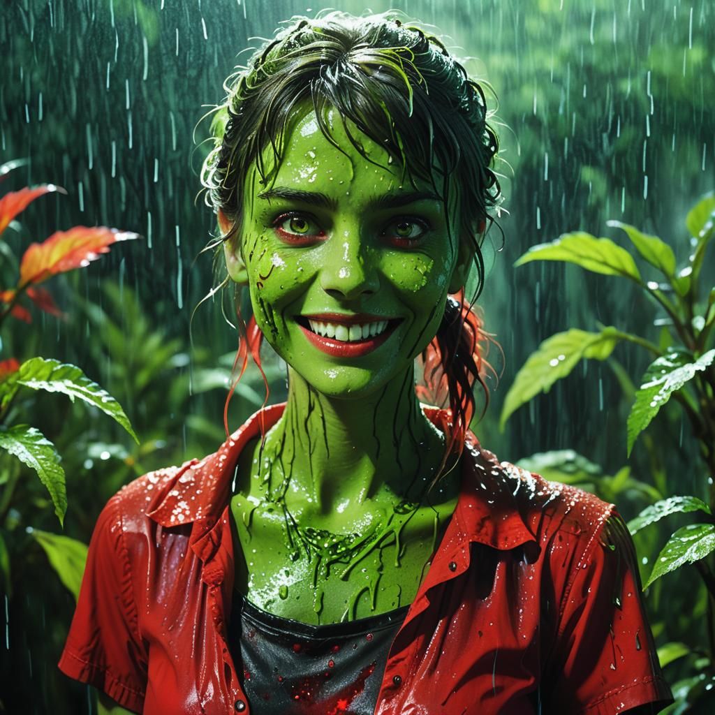 Slime-Covered Plant Girl in Rainy, Cinematic Still