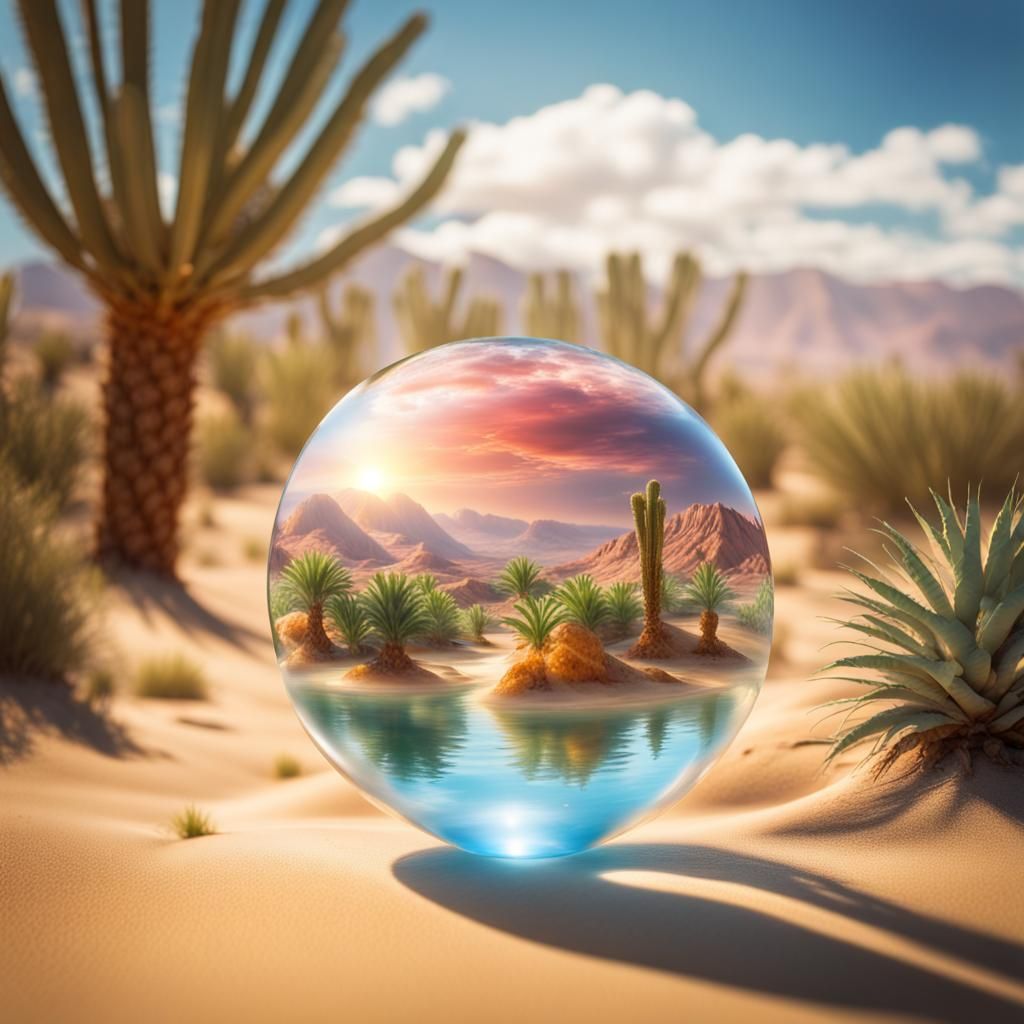 Fruit Island in Water Sphere Under Desert Sun