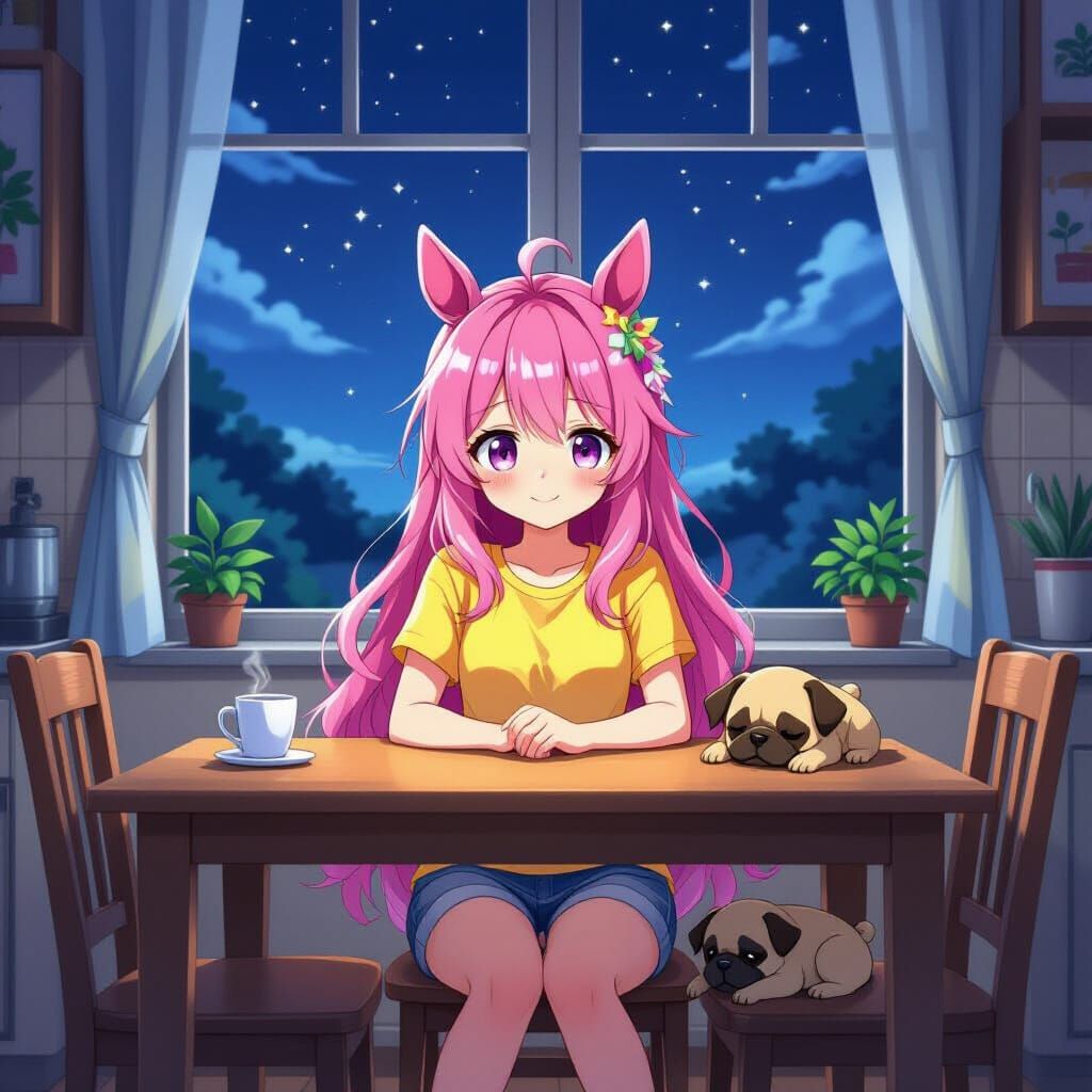 Anime Girl with Horse Ears in Cel-Shaded Style