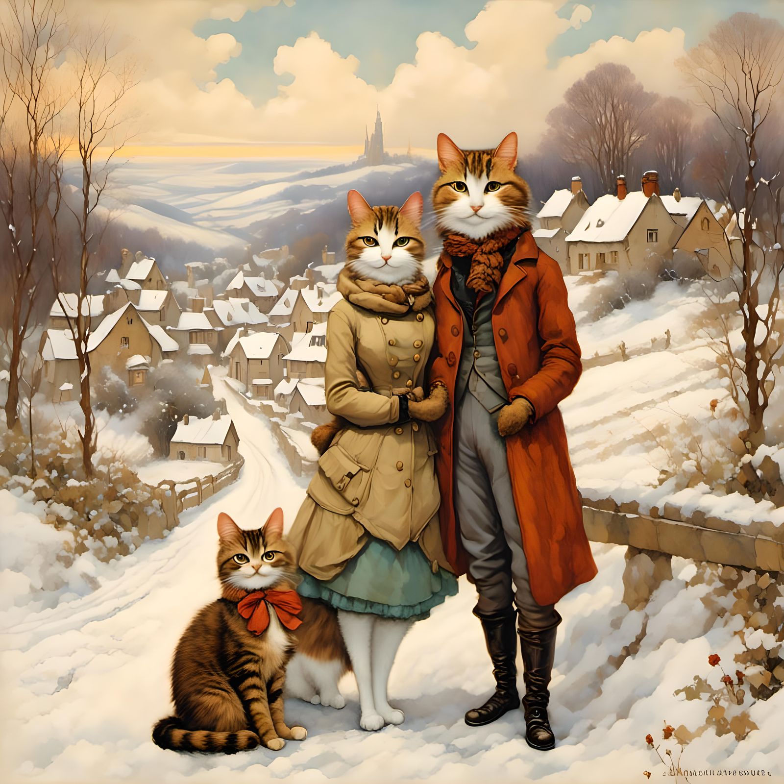 Tall anthropomorphic cat couple, background snowy countrysid...