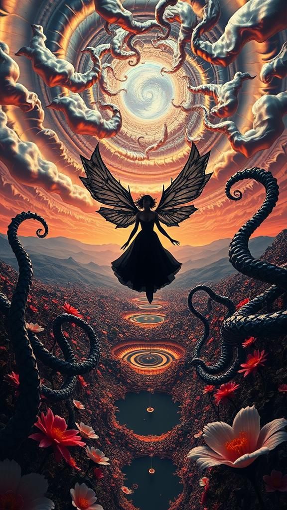 Surreal Landscape with Elastic Flora and Goth Fairy