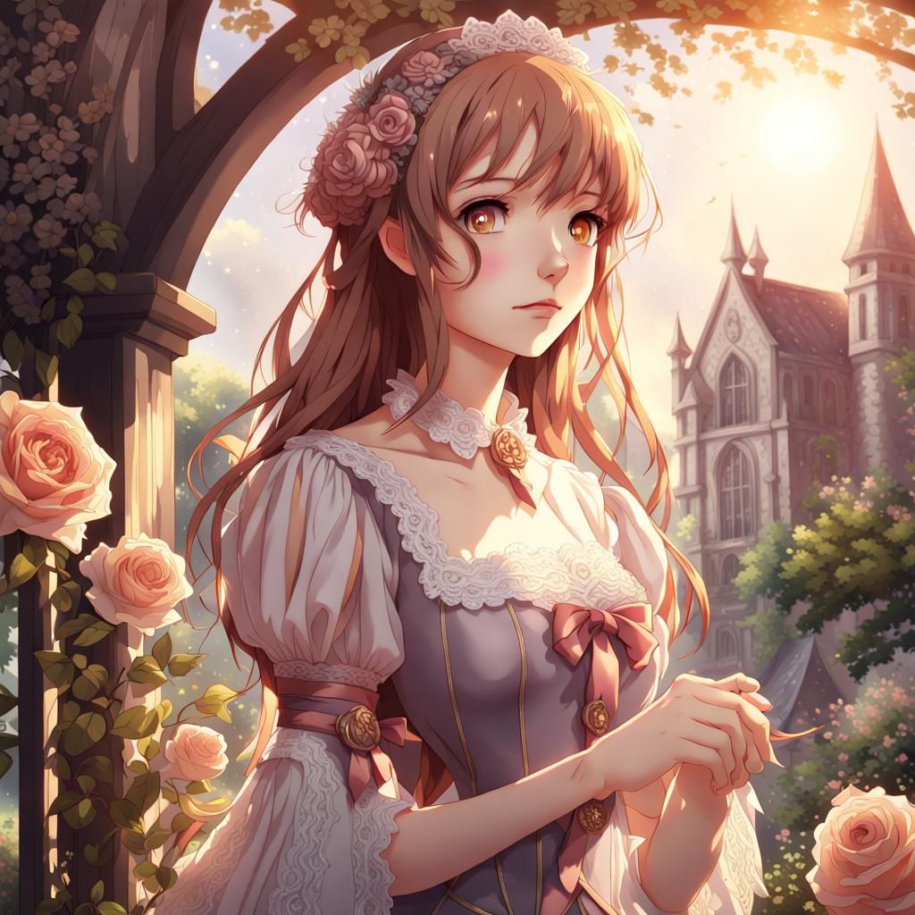 Anime Noble Lady in Medieval Fantasy Garden