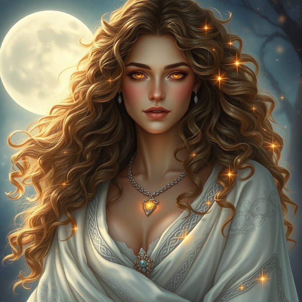 A Celtic Goddess, her gaze embraces with an ethereal light, as if the stars themselves had descended to earth