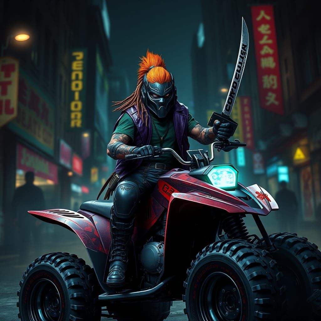 Cyborg Samurai Ninja in Gotham, Neon-Lit Futurism