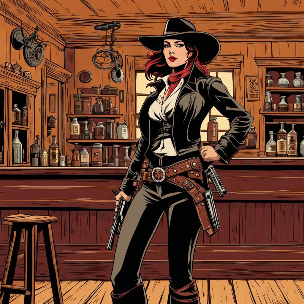 Female Outlaw in a Western Saloon