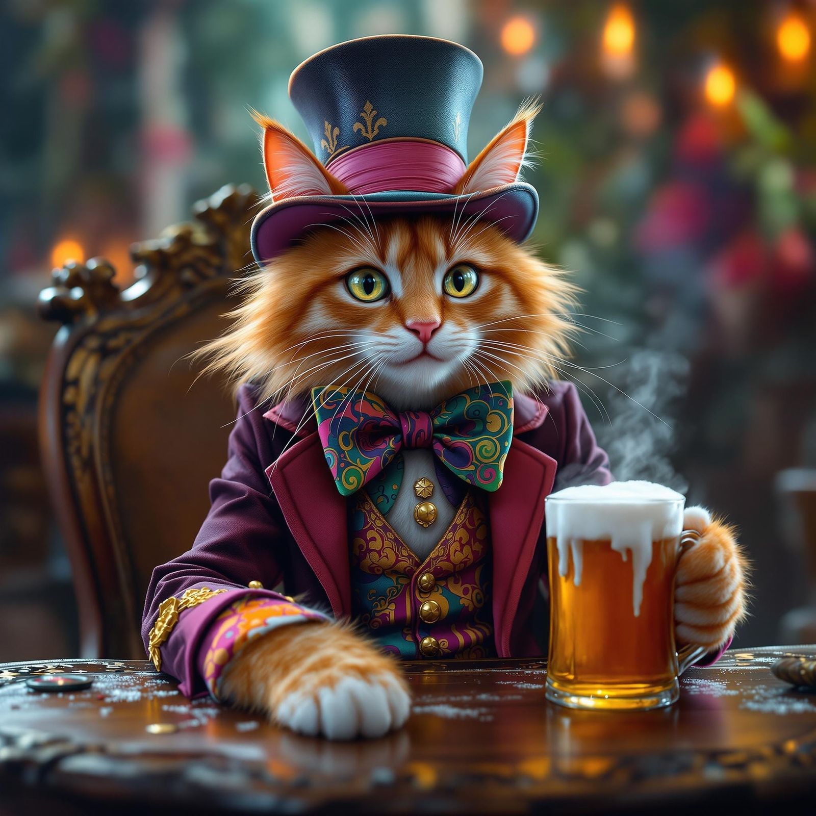 Whimsical Feline Hatter Sips Beer