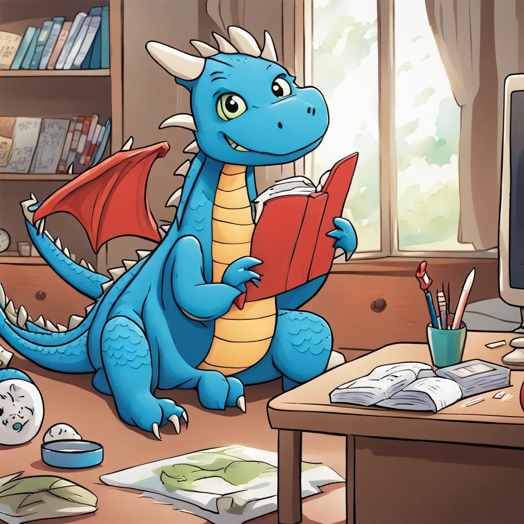 Cartoon Blue Dragon Shocked by Missing Football