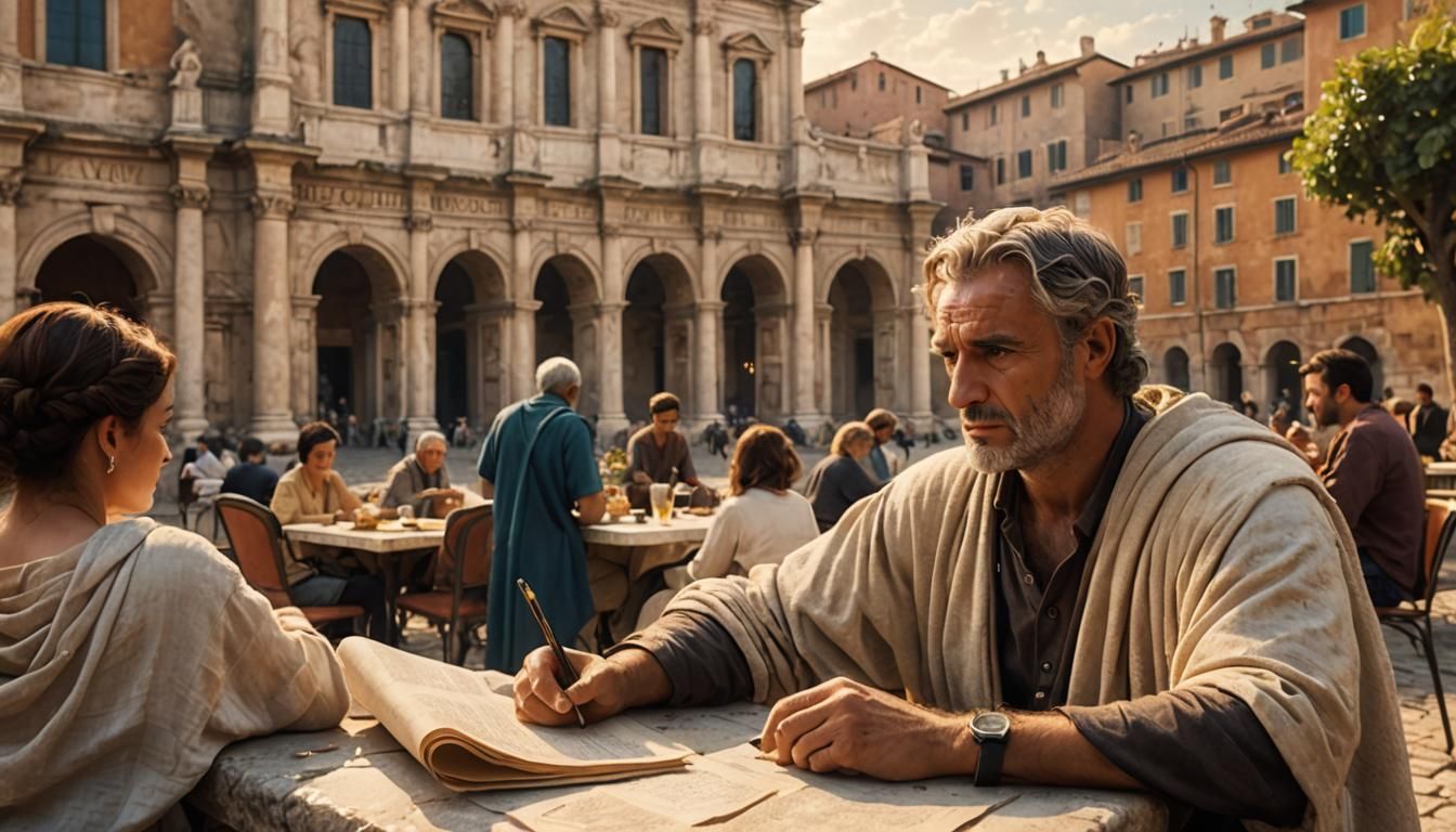 Roman Cityscape: Philosopher's Contemplation in Golden Light