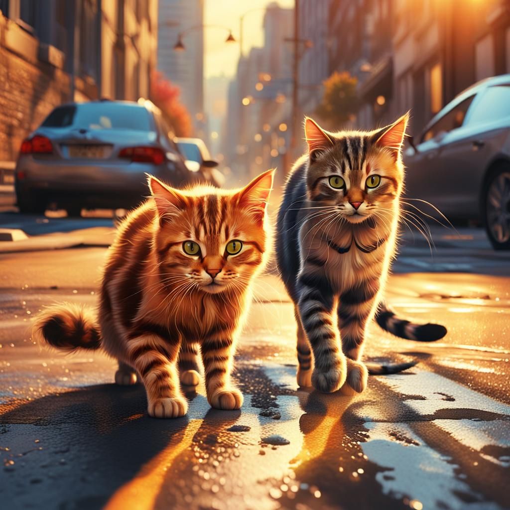 Cats Playing in Sunlit City Street Art