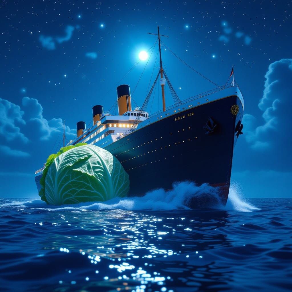 Titanic Crashes into Glowing Iceberg in Hyperrealistic Style