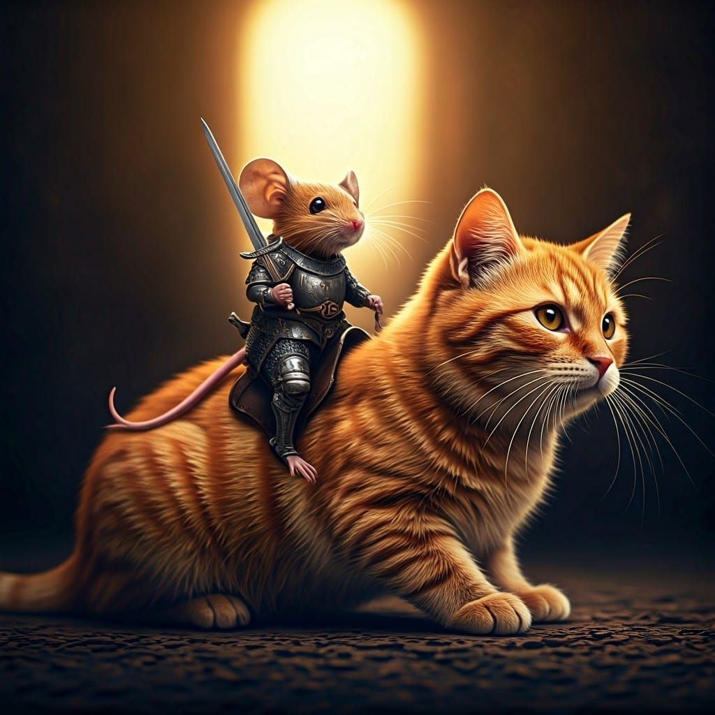 Warrior Mouse on a Fierce Ginger Cat Rides into Battle