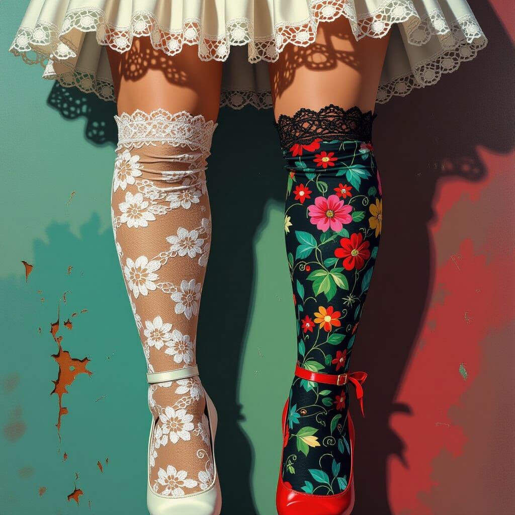 Elegant Lace Stocking Beside Worn Holed Stocking