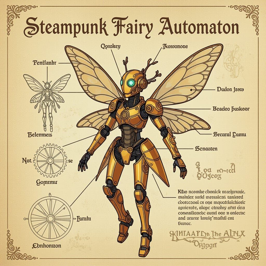 A blueprint of a “steampunk fairy automaton” exploded view w...