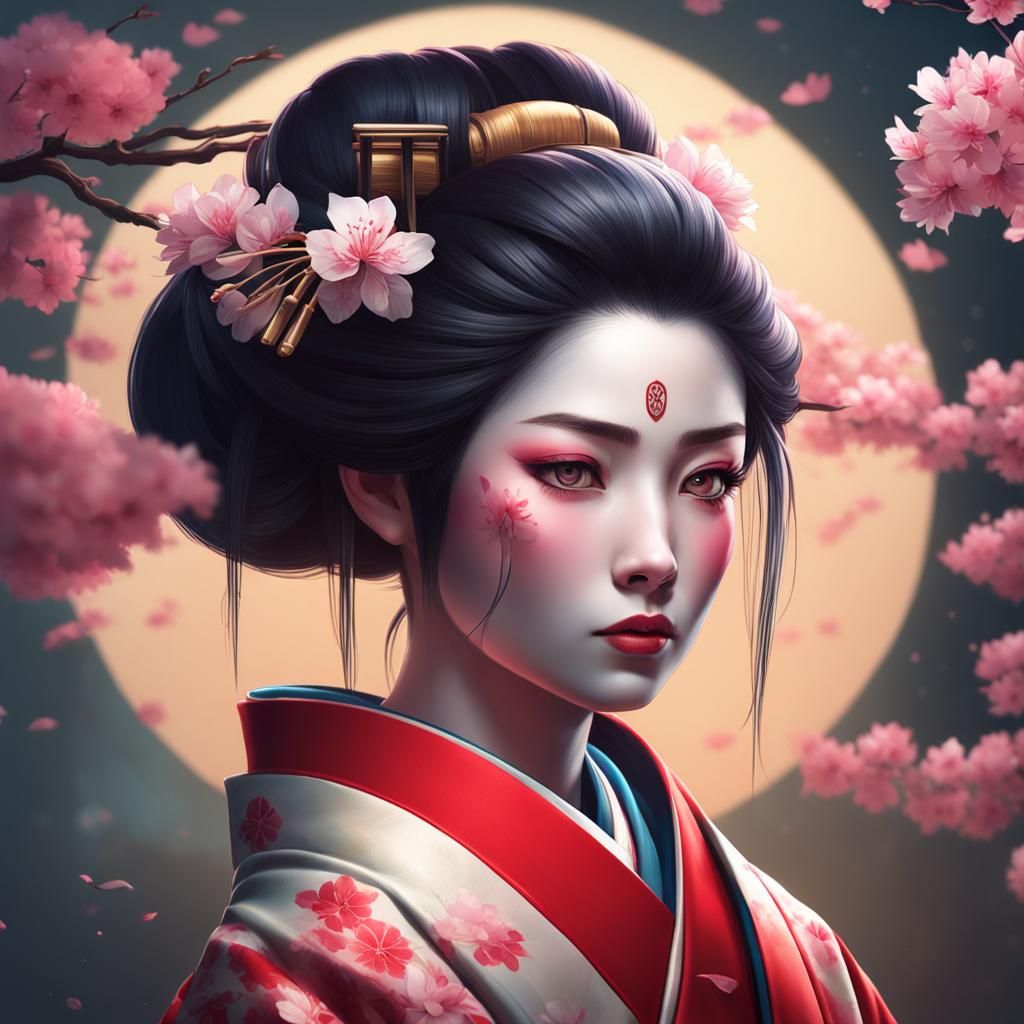 Beautiful Geisha Portrait with Sakura Tattoo