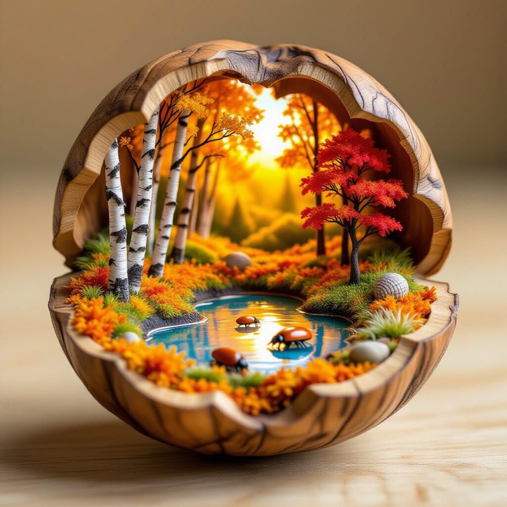 Miniature Autumn Forest Diorama Inside a Walnut