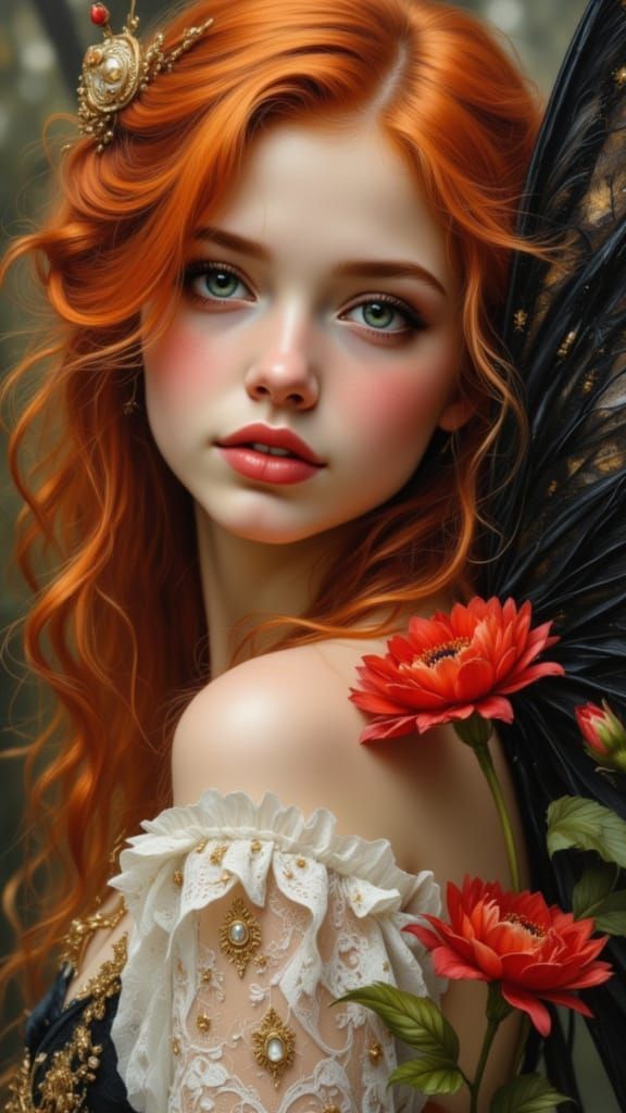 Pre-Raphaelite Fairy with Red Hair and Black Wings