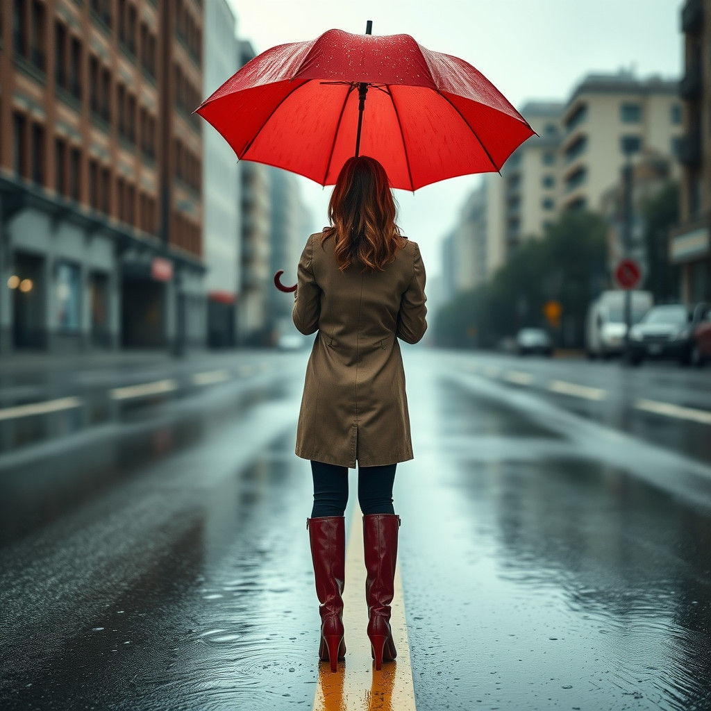 Woman with Red Umbrella in Rainy Urban Landscape