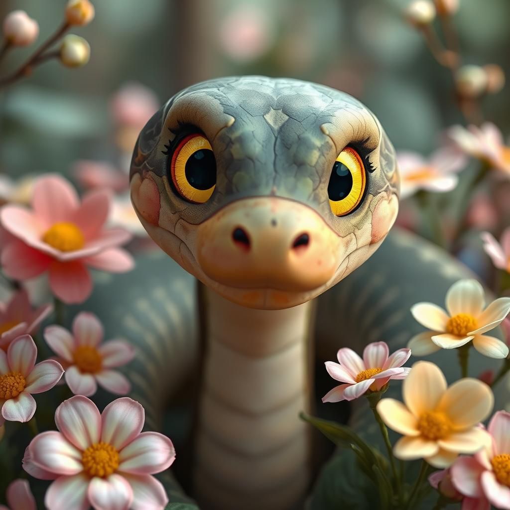 Charming Snake with Flowers: Digital Art in 8K