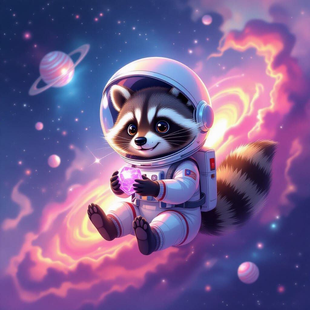 Mischievous Raccoon Astronaut in Cosmic Candy Nebula