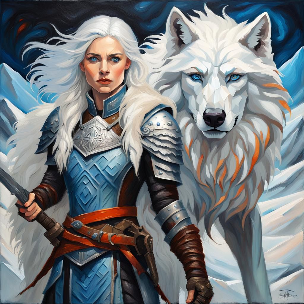 Nordic Woman with White Wolf as Impasto Painting