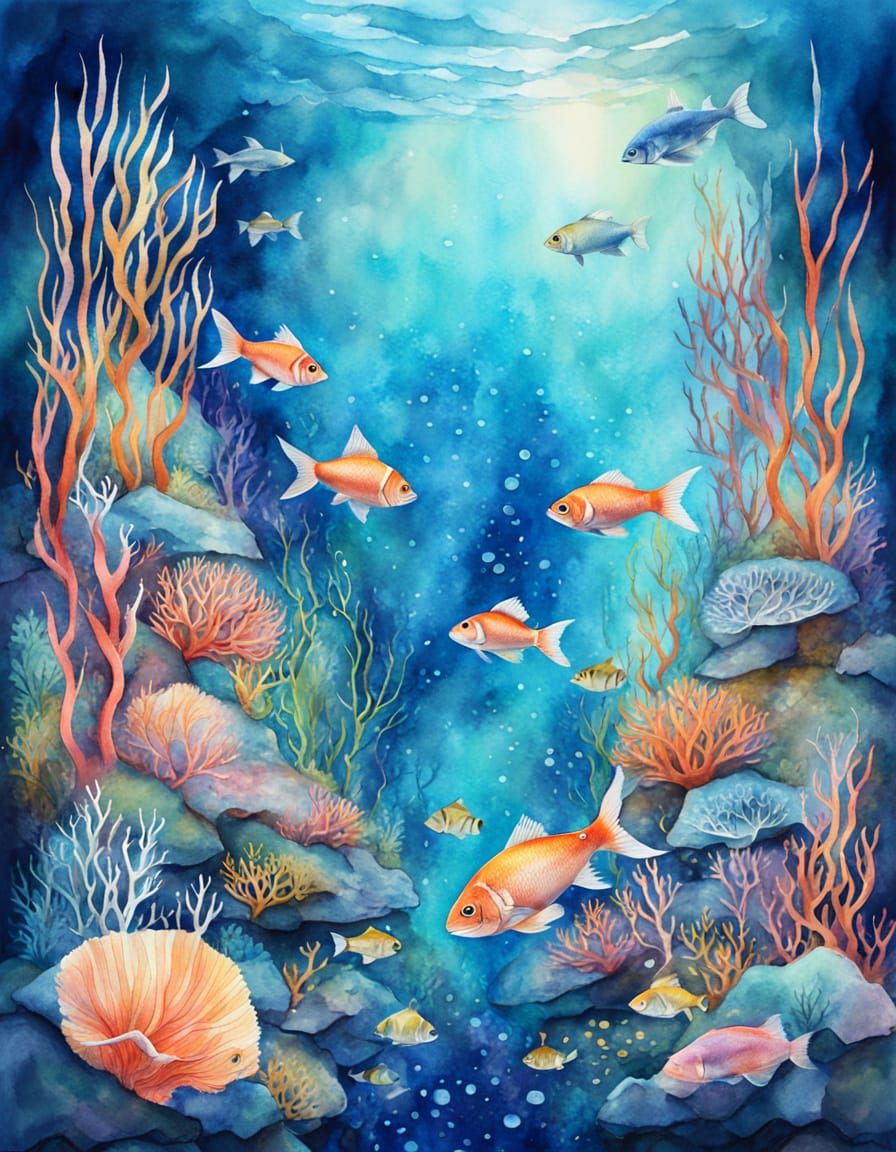 Glass Fish School in Coral Reef: Watercolor Painting