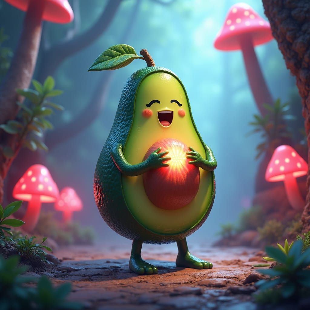 Giant Avocado Clapping on Dreamlike Stage, Fantasy Art