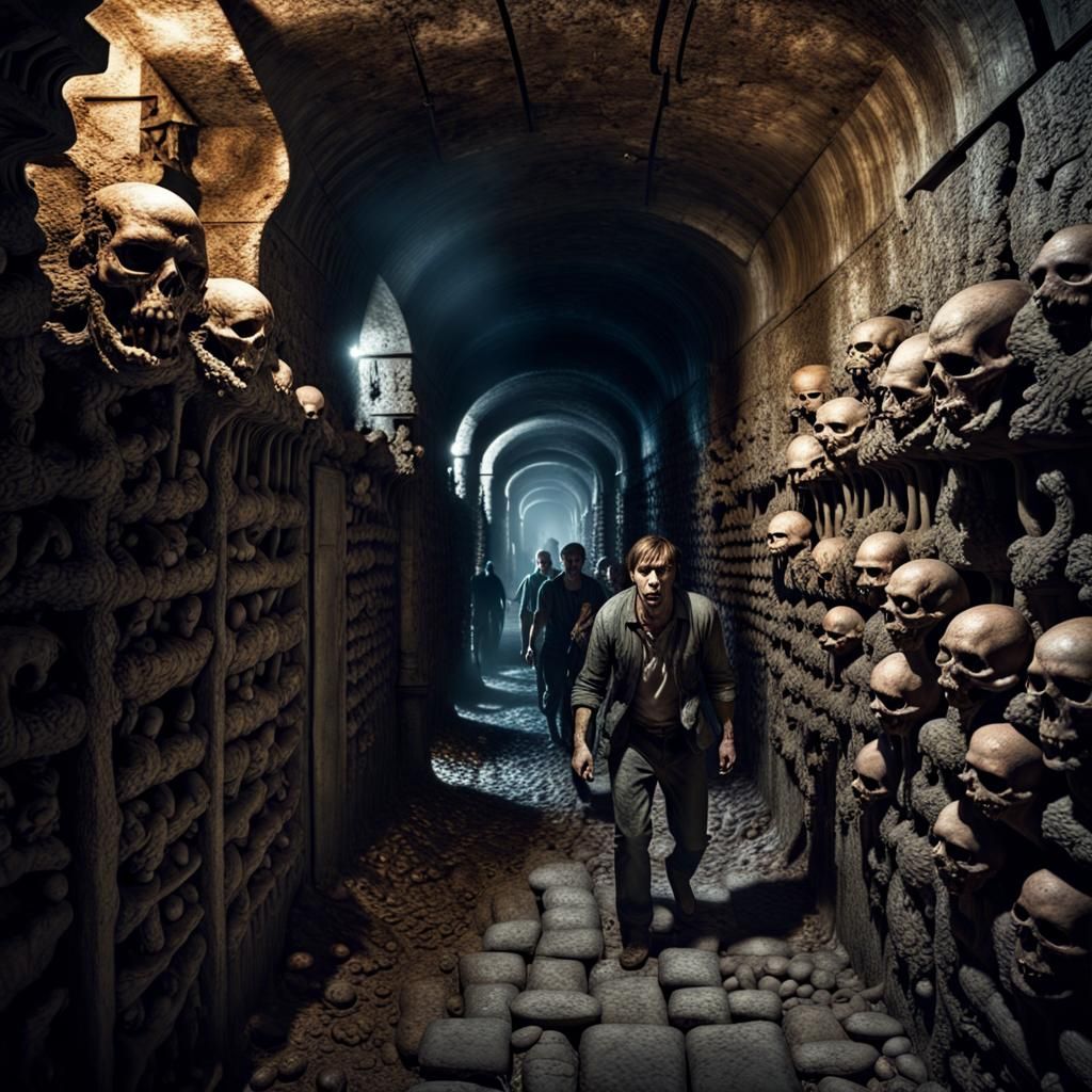 Escape from Monster Catacombs in Hyperrealistic Style