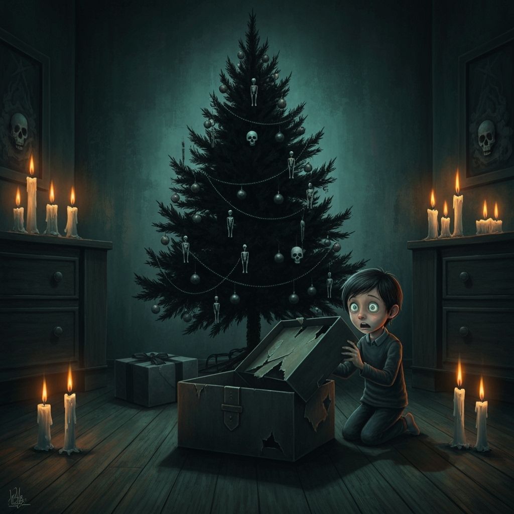 Gothic Child Opens Tattered Mystery Box Under Grim Christmas...