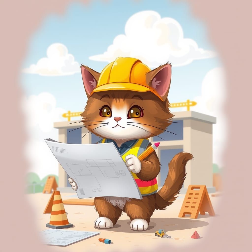 Cartoon Cat Civil Engineer Building Construction