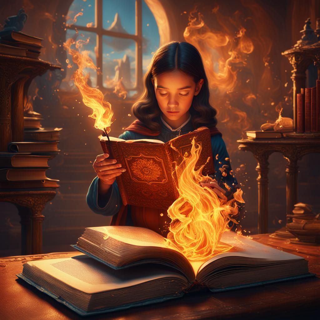 Girl Opens Book, Flame Ignites, Dali-Style Painting